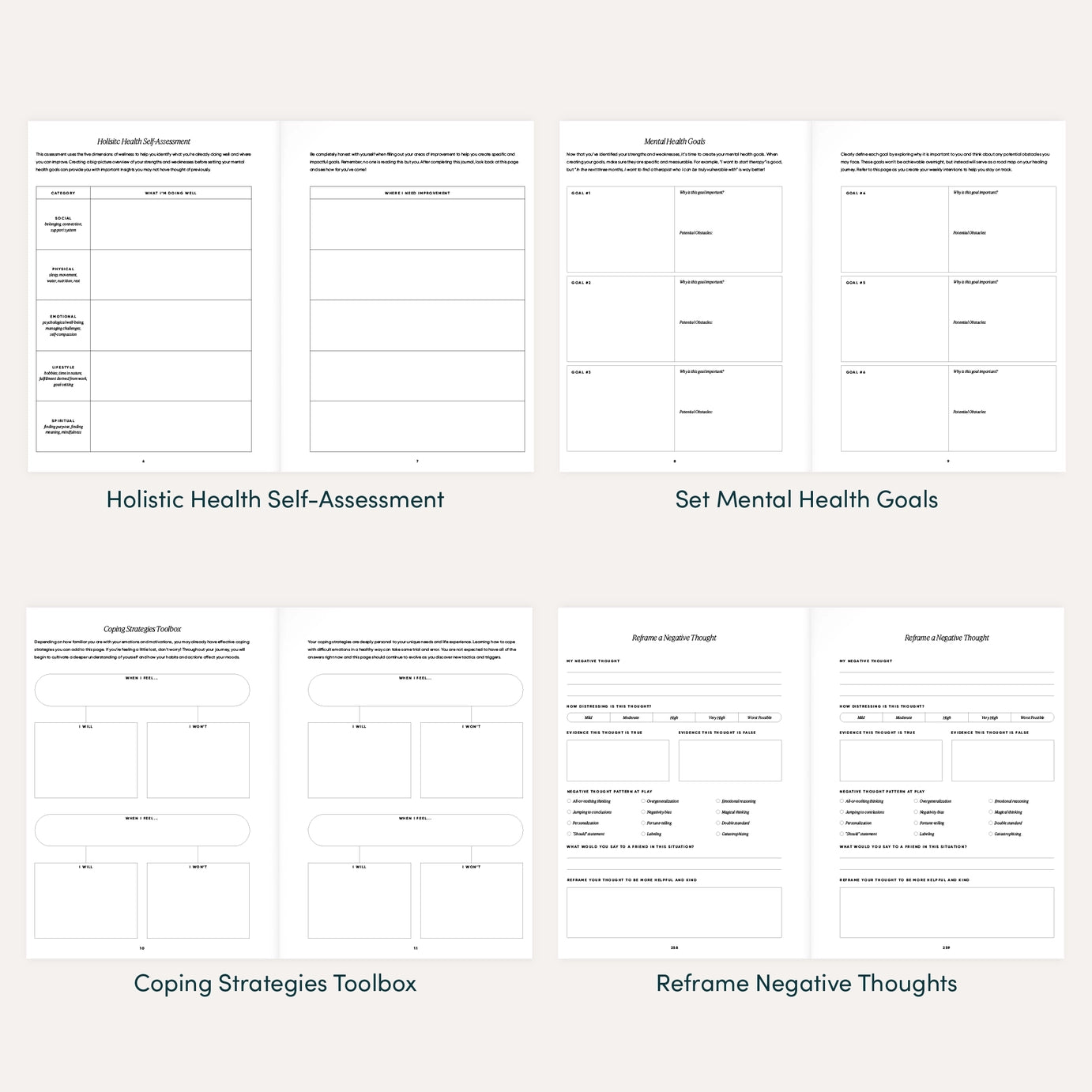 A collage of internal pages from The Inner Work Journal displaying holistic health assessments, mental health goals, coping strategies, and reframing negative thoughts.
