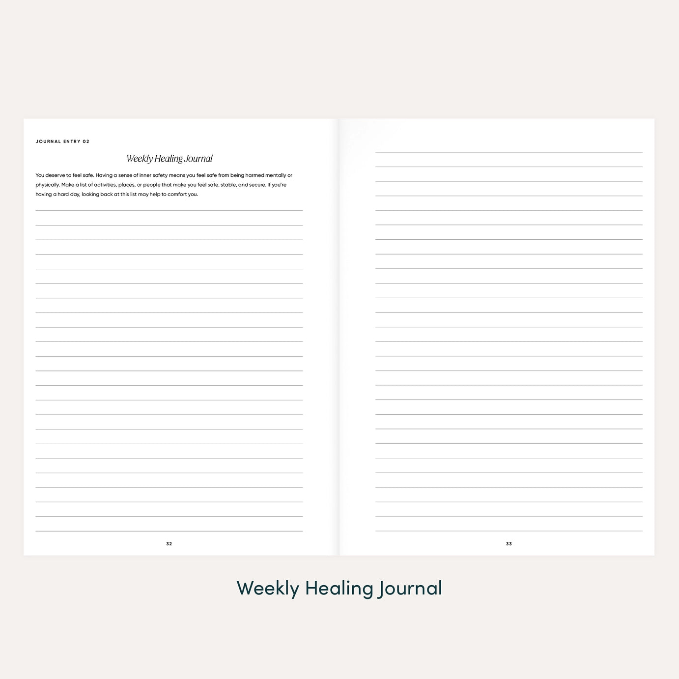 Preview of The Inner Work Journal's weekly healing journal pages with lined sections and prompts for deeper reflection and notes.