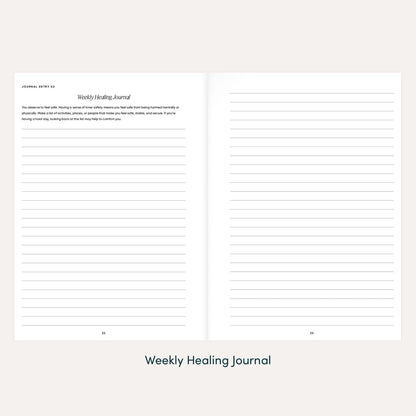 Preview of The Inner Work Journal's weekly healing journal pages with lined sections and prompts for deeper reflection and notes.