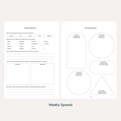 Preview of The Inner Work Journal's weekly reflection and weekly intentions pages, featuring prompts and visual shapes for mindful planning.