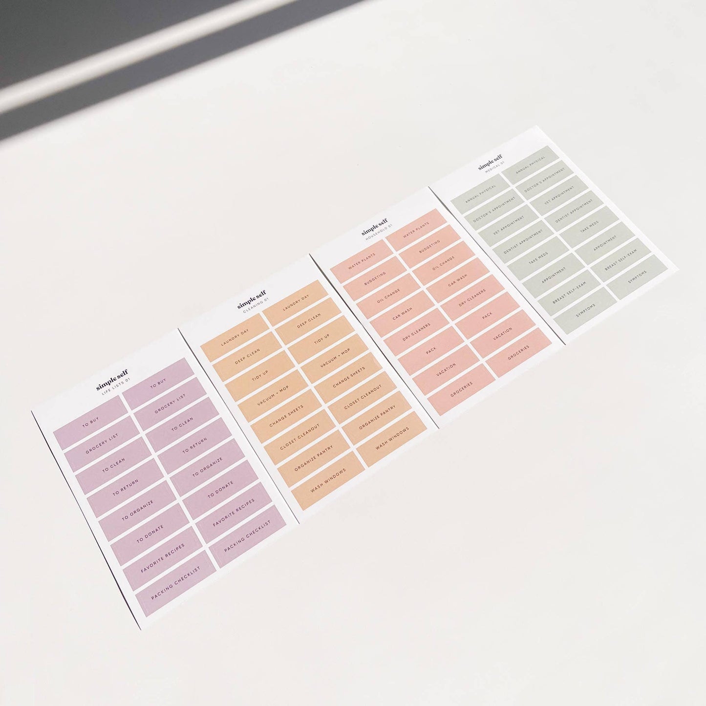 Simple Self Life Sticker Set displayed flat with all sticker sheets lined up on a table.