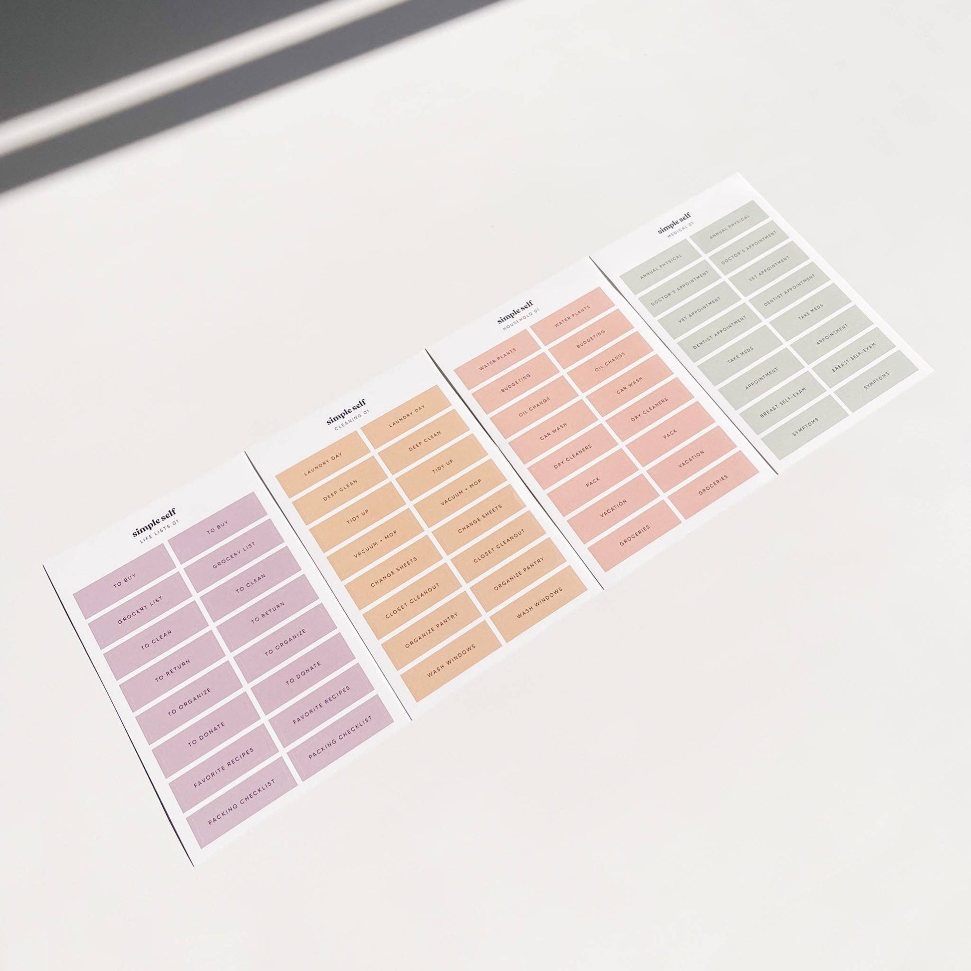 Simple Self Life Sticker Set displayed flat with all sticker sheets lined up on a table.
