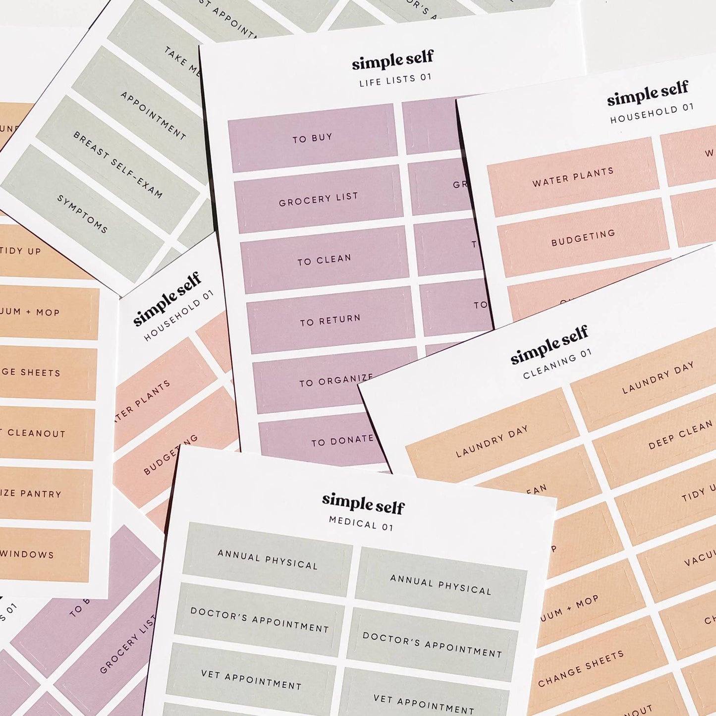 Simple Self Life Sticker Set showing multiple sheets with colorful labels spread out.