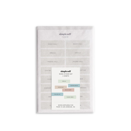 Simple Self Co Work Sticker Set packaging showing a full sheet of productivity stickers in neutral tones.