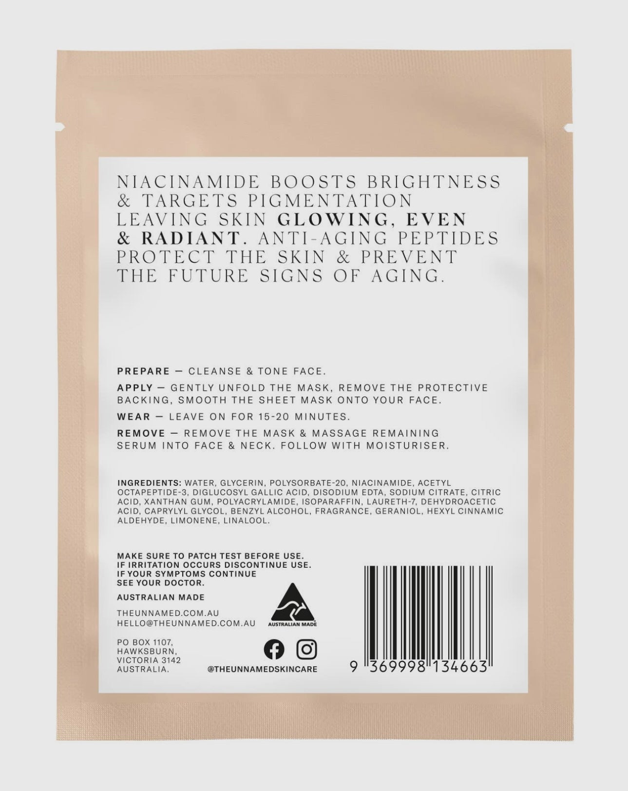 The Unnamed Brightening & Anti-Aging Sheet Mask back pouch showing benefits, usage, and key ingredients.