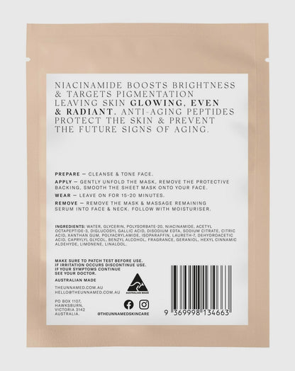 The Unnamed Brightening & Anti-Aging Sheet Mask back pouch showing benefits, usage, and key ingredients.