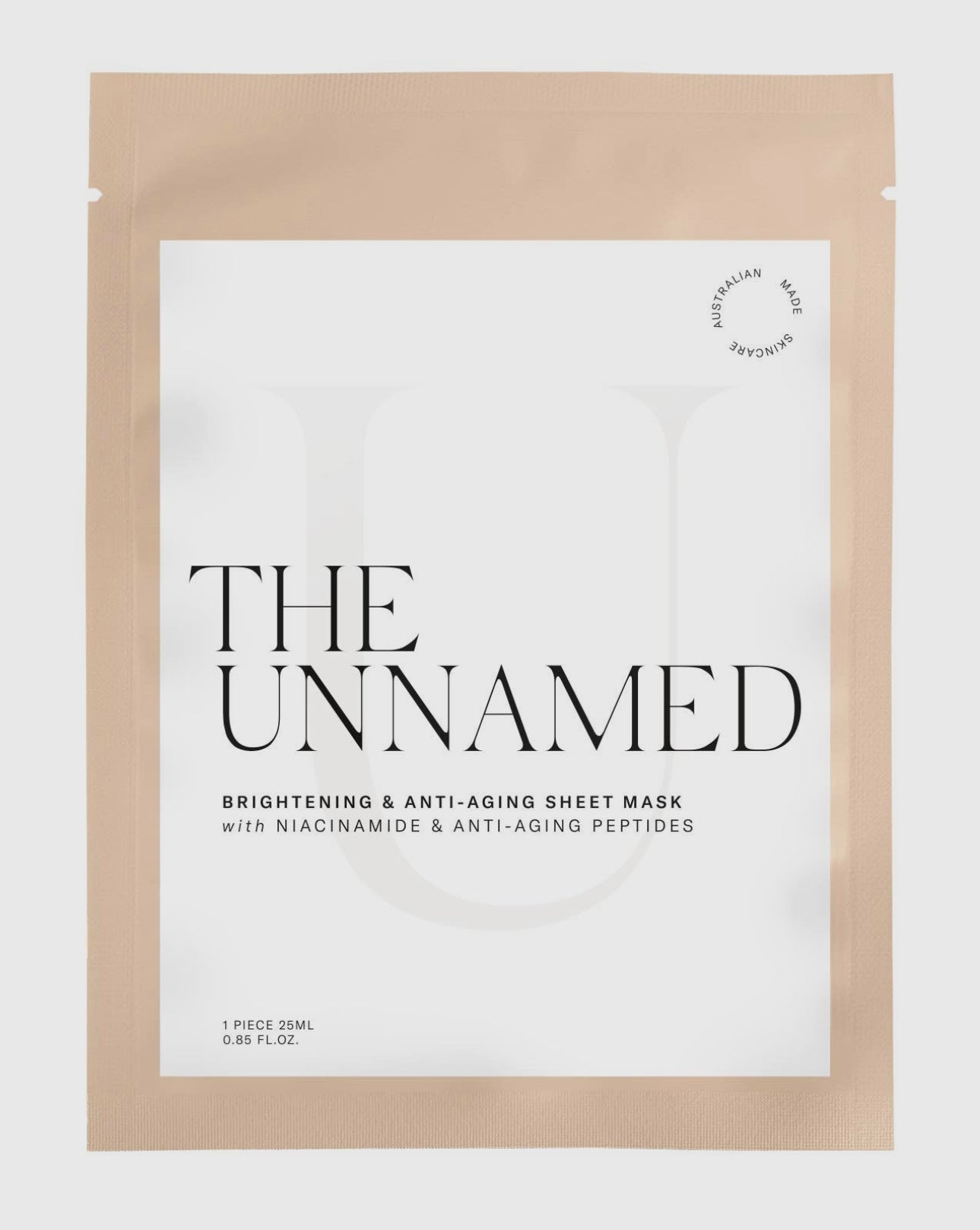 The Unnamed Brightening & Anti-Aging Sheet Mask front pouch closeup highlighting product name and information.