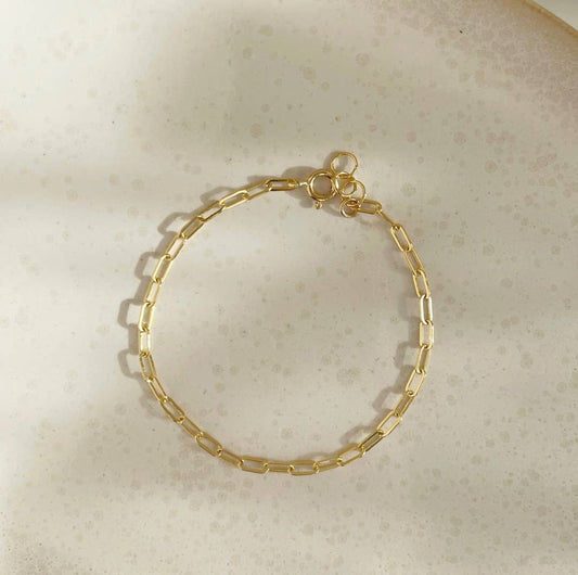 Token Jewelry Narrow Links Bracelet in gold displayed flat in a ceramic bowl, minimal overhead shot.