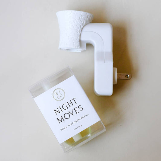 Well-Taylored Night Moves Wall Diffuser Refill with wall plug on neutral background.