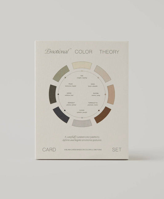 Box of the Emotional Color Theory Card Set by Wilde House Paper featuring a circular palette with emotional categories.